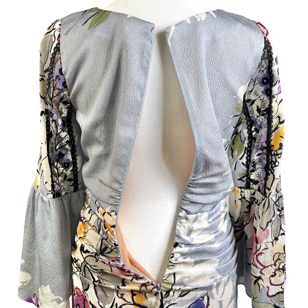 Tracy Reese Womens Size 0 Floral Lace 3/4 Sleeve Ruched Sheath Dress Grey Violet - Picture 14 of 16